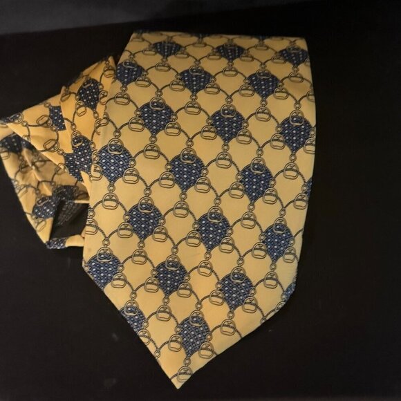 Gucci Logo Silk Tie Horsebit Yellow Black Mint Mens Gift Horse Bit Equestrian - Picture 2 of 5